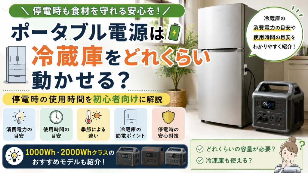 ポータブル電源で冷蔵庫をどれくらい動かせるのかを初心者向けに解説しているイメージ画像