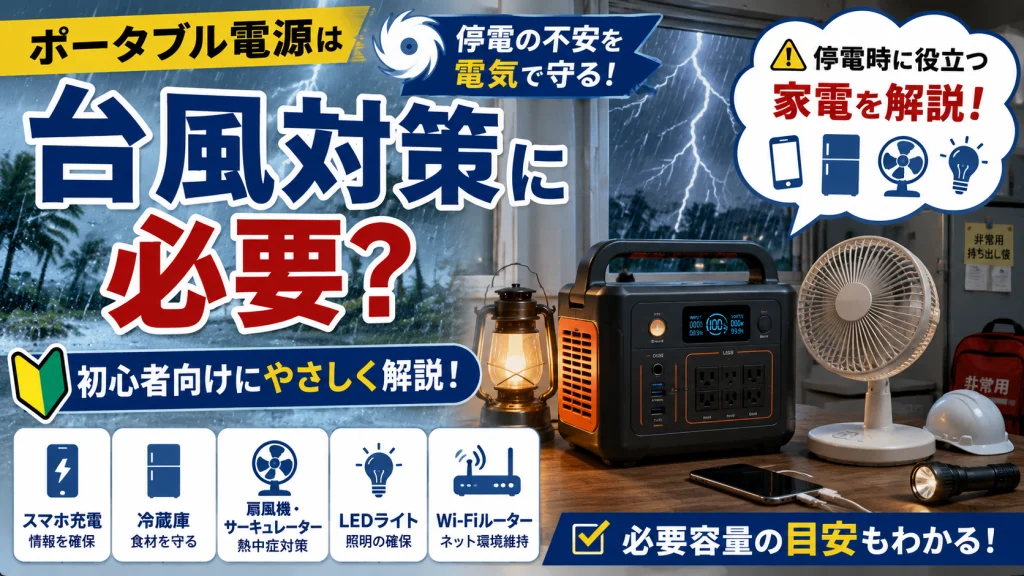 台風による停電対策としてポータブル電源を活用しているイメージ画像。LEDライト・扇風機・冷蔵庫・スマホ充電など停電時に役立つ家電を表示