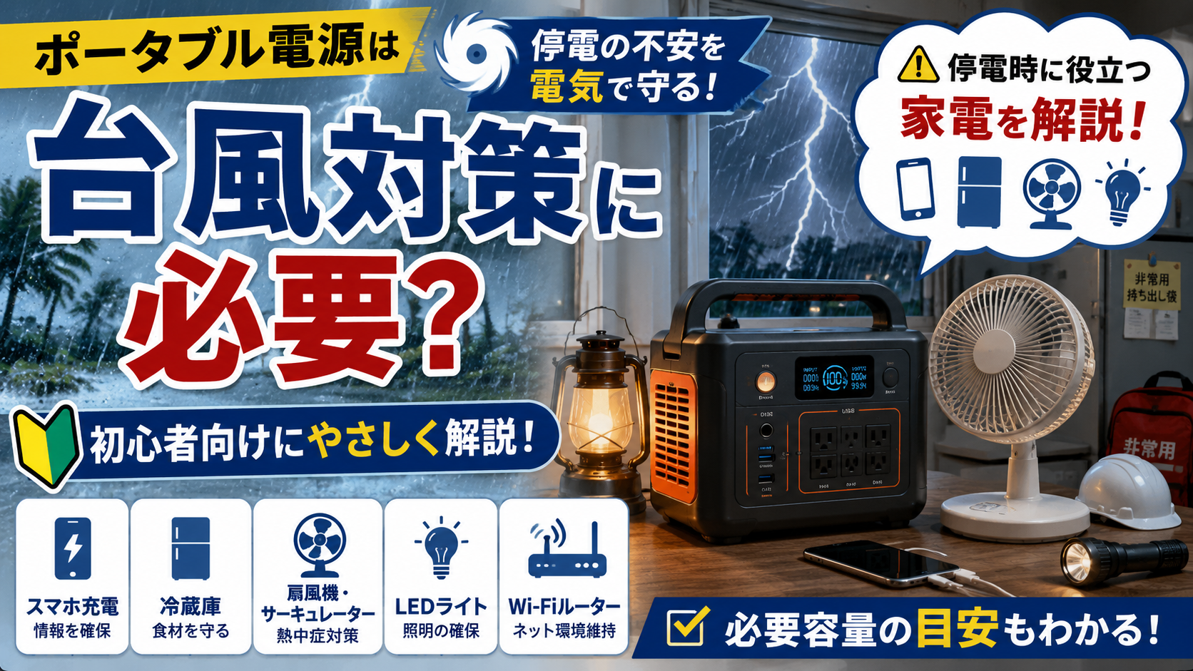 台風による停電対策としてポータブル電源を活用しているイメージ画像。LEDライト・扇風機・冷蔵庫・スマホ充電など停電時に役立つ家電を表示