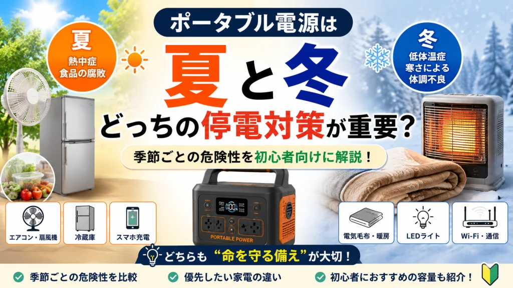夏と冬の停電対策を比較しながら、ポータブル電源で使える家電や季節ごとの危険性を解説しているアイキャッチ画像