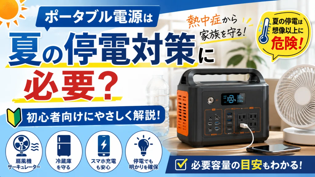 夏の停電対策としてポータブル電源と扇風機を使うイメージ画像。熱中症対策や防災対策を初心者向けに解説している。