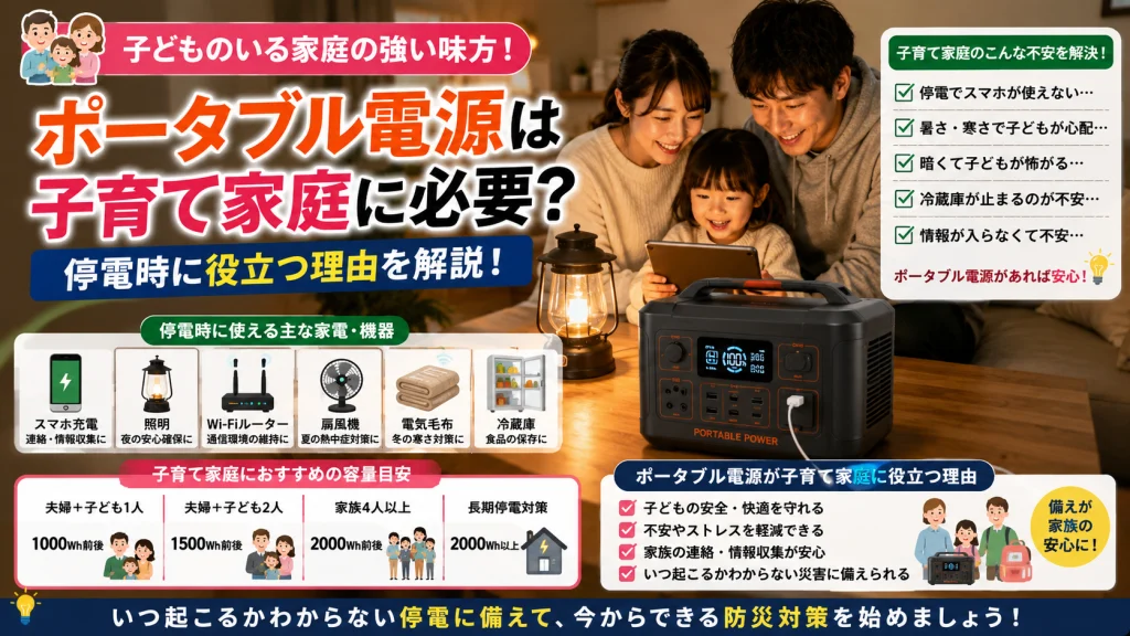 子育て家庭にポータブル電源が必要な理由を解説するアイキャッチ画像。停電時でもスマホ充電やWi-Fiルーター、照明、扇風機、電気毛布、冷蔵庫を利用しながら家族が安心して過ごせる防災対策を紹介している。