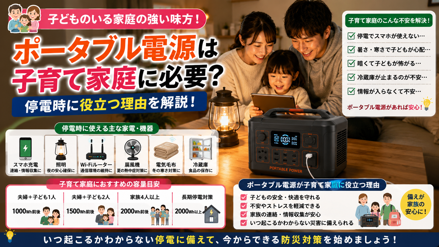 子育て家庭にポータブル電源が必要な理由を解説するアイキャッチ画像。停電時でもスマホ充電やWi-Fiルーター、照明、扇風機、電気毛布、冷蔵庫を利用しながら家族が安心して過ごせる防災対策を紹介している。