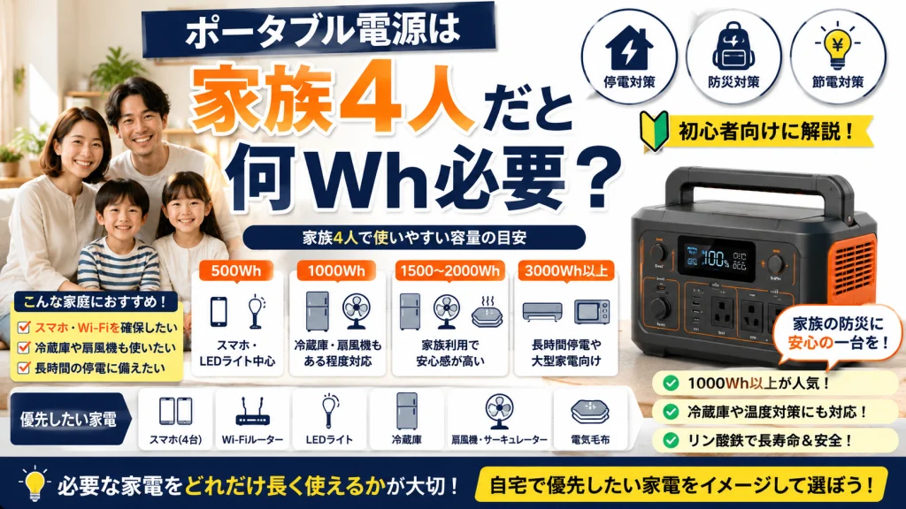 家族4人向けに必要なポータブル電源容量や停電・防災対策をわかりやすく比較しているアイキャッチ画像