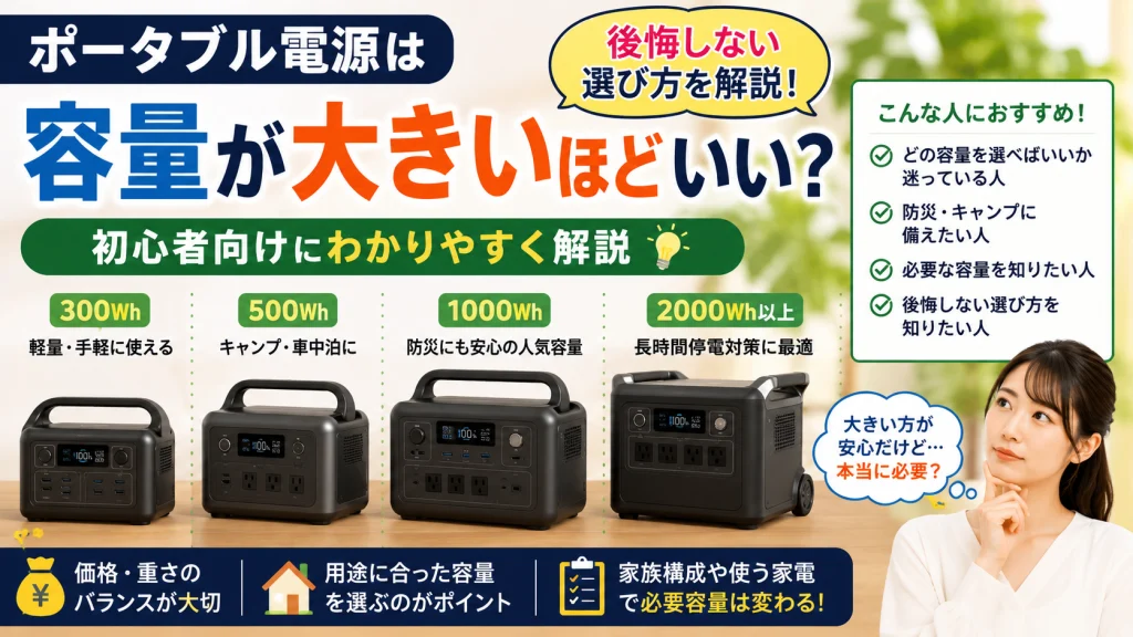 ポータブル電源の容量選びを比較しているアイキャッチ画像。300Wh・500Wh・1000Wh・2000Wh以上の違いをわかりやすく紹介し、用途に合った容量選びのポイントを解説している。