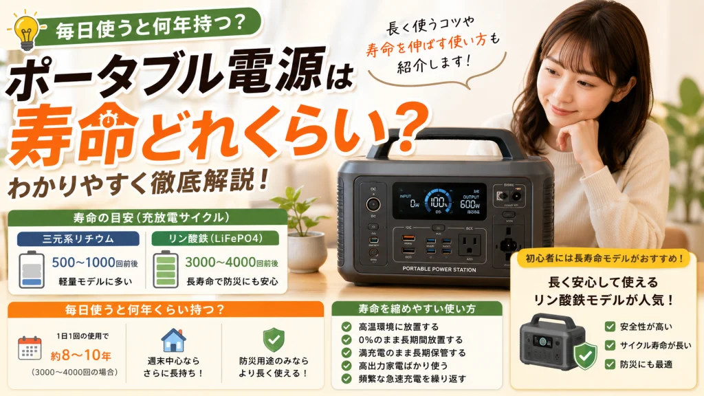 ポータブル電源の寿命やリン酸鉄バッテリーの特徴を女性目線でわかりやすく解説したアイキャッチ画像