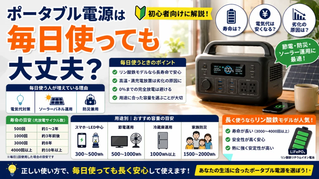 ポータブル電源を毎日使った場合の寿命や劣化、電気代対策について初心者向けに解説しているアイキャッチ画像