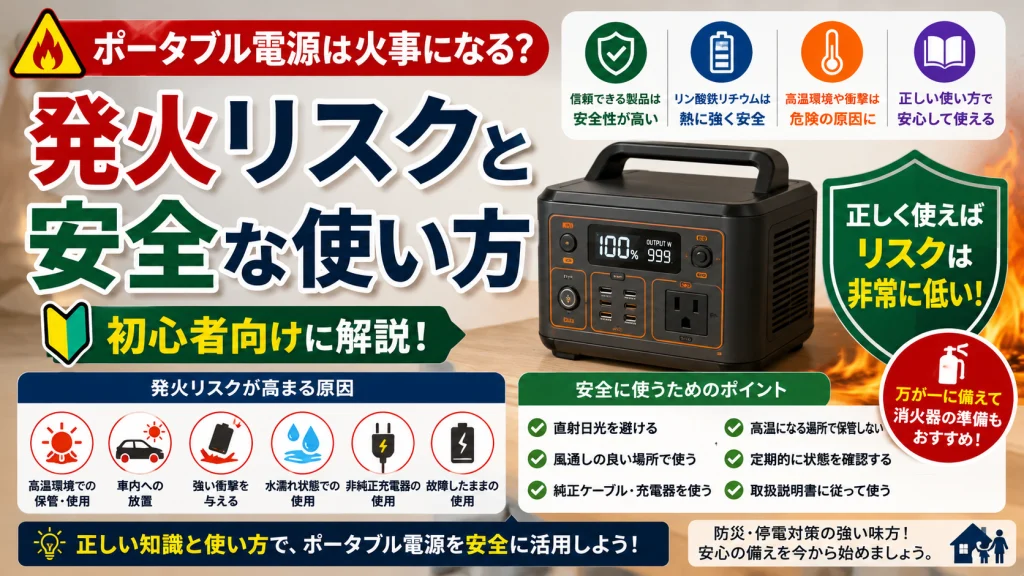 ポータブル電源の発火リスクと安全な使い方をテーマにしたアイキャッチ画像。火災リスクの原因や高温環境での注意点、リン酸鉄リチウムイオン電池の安全性、正しい保管方法について初心者向けにわかりやすく解説している。