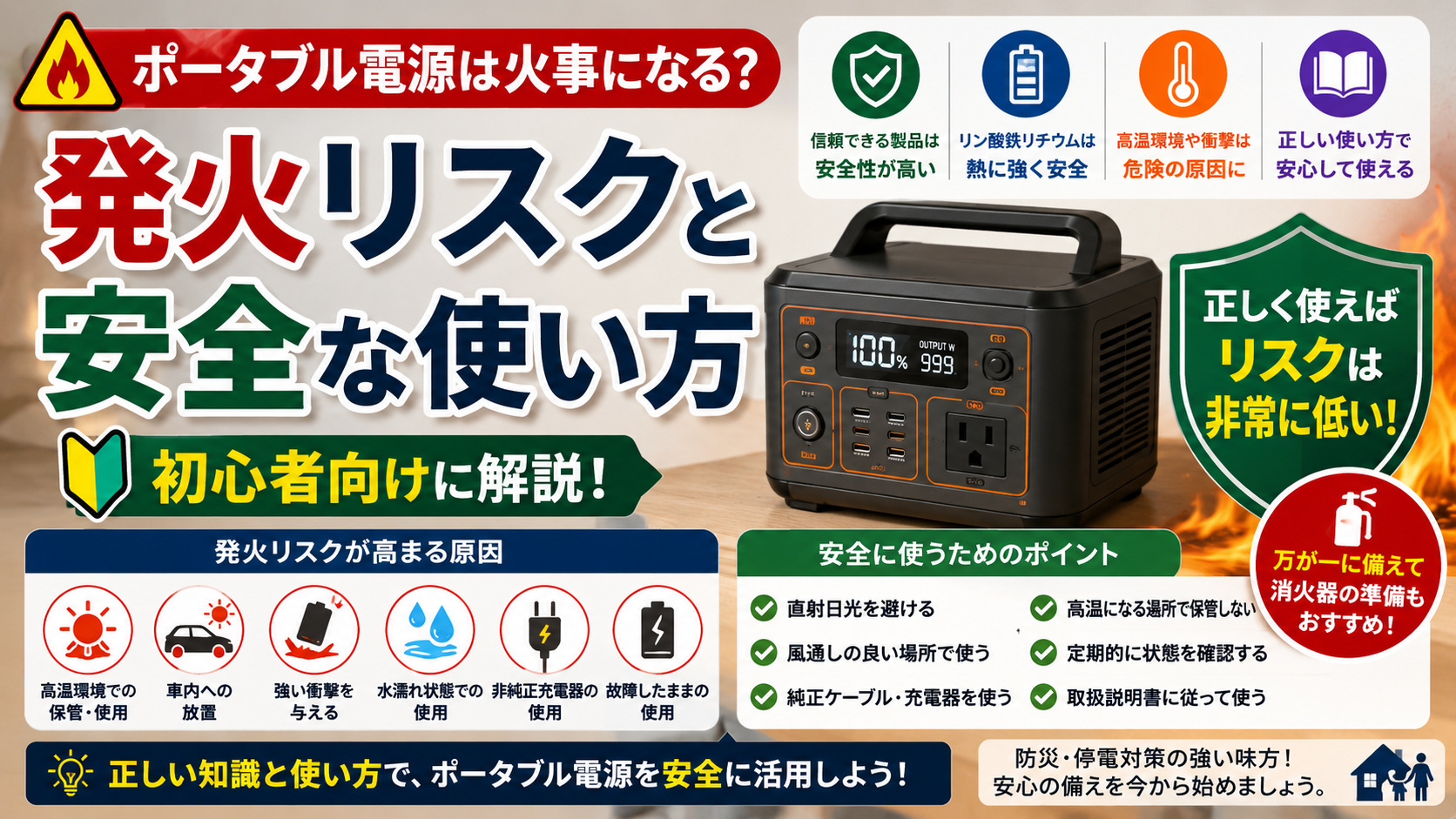 ポータブル電源の発火リスクと安全な使い方をテーマにしたアイキャッチ画像。火災リスクの原因や高温環境での注意点、リン酸鉄リチウムイオン電池の安全性、正しい保管方法について初心者向けにわかりやすく解説している。