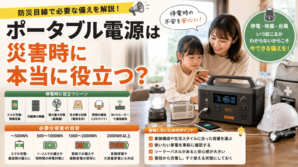 災害時や停電対策として役立つポータブル電源を家族と一緒に紹介している防災向けアイキャッチ画像