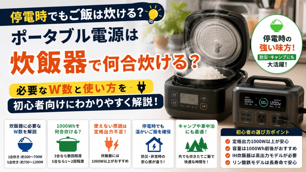 ポータブル電源と炊飯器を使って停電時でもご飯を炊いている様子のアイキャッチ画像