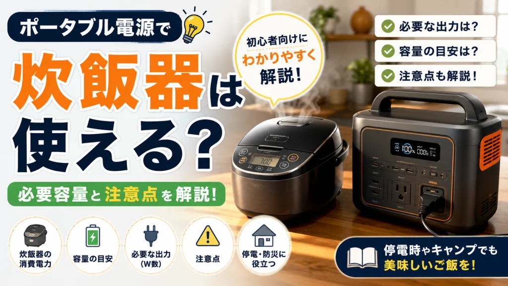 ポータブル電源と炊飯器を並べて、必要容量や出力の目安を初心者向けに解説しているアイキャッチ画像