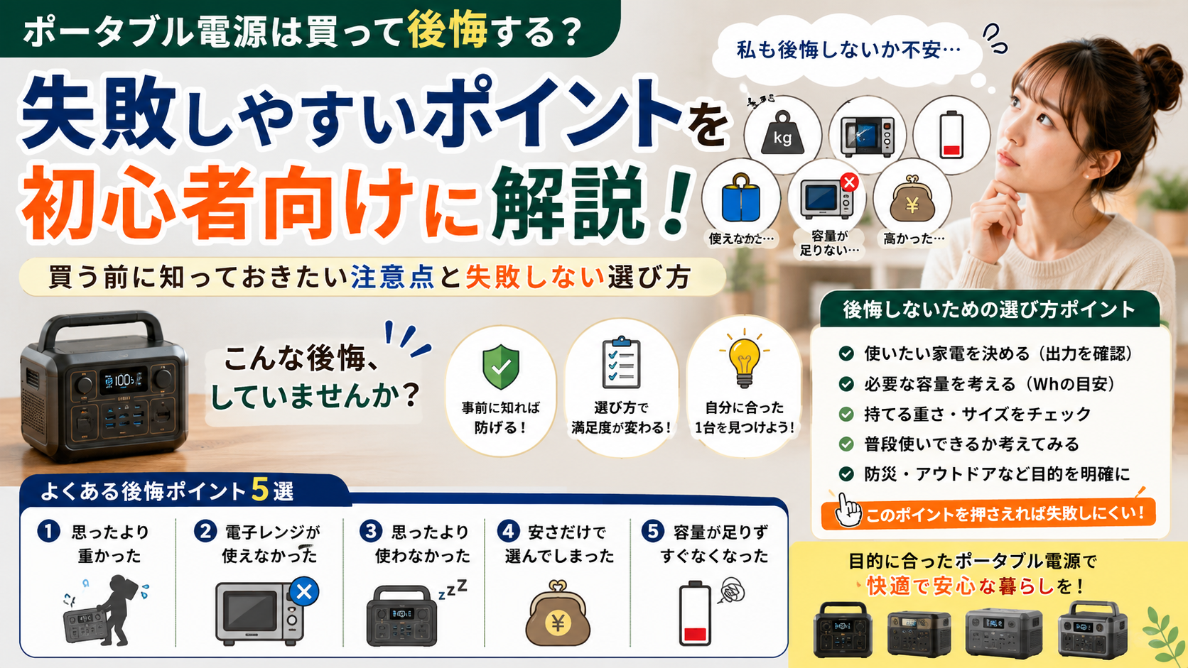 代替えテキスト ポータブル電源を買って後悔しやすいポイントを初心者向けに解説しているアイキャッチ画像
