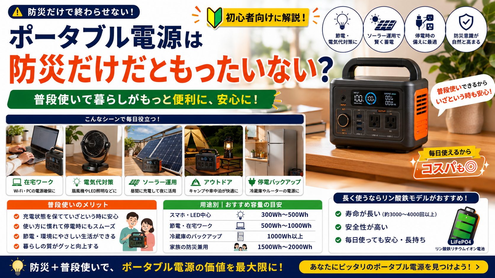ポータブル電源は防災だけだともったいない理由や普段使い活用術を初心者向けに解説しているアイキャッチ画像