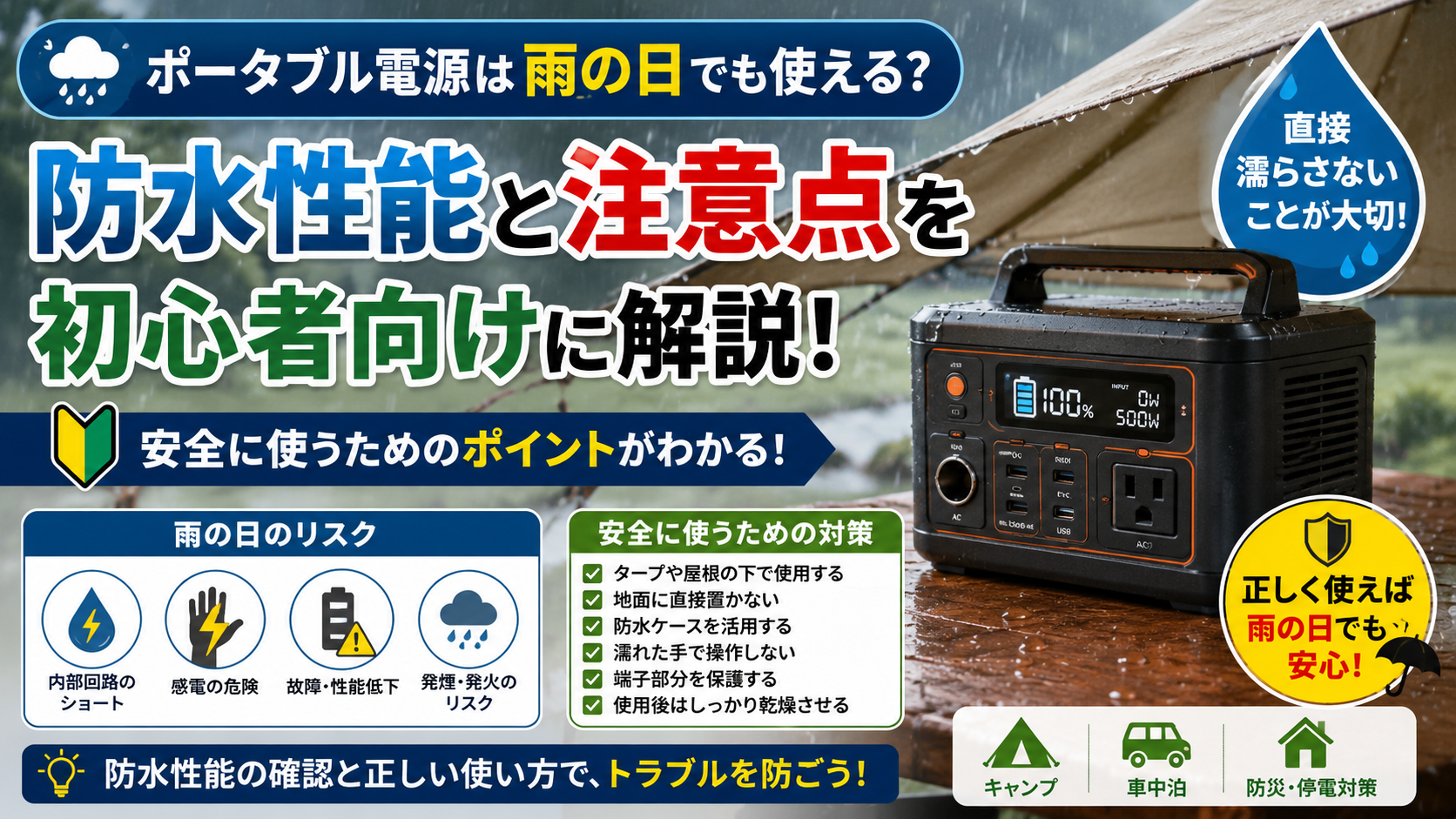 雨の日のキャンプや停電時にポータブル電源を安全に使用するための注意点を解説したアイキャッチ画像。防水性能や水濡れリスク、感電防止対策、屋外利用時のポイントについて初心者向けにわかりやすく紹介している。