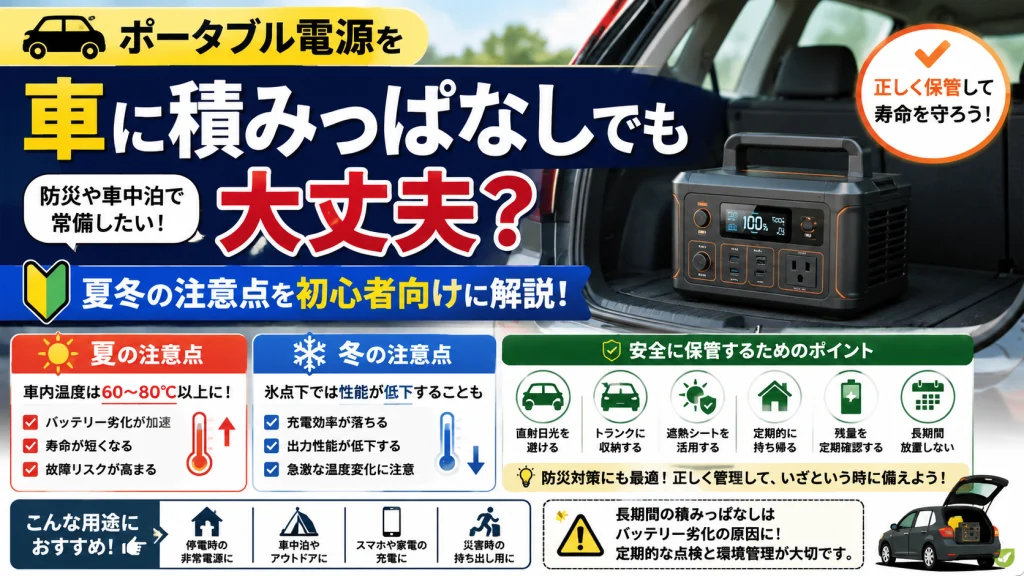 ポータブル電源を車に積みっぱなしにする際の注意点を解説したアイキャッチ画像。真夏の高温や真冬の低温がバッテリーへ与える影響、安全な保管方法、防災や車中泊で活用するためのポイントについて初心者向けにわかりやすく紹介している。