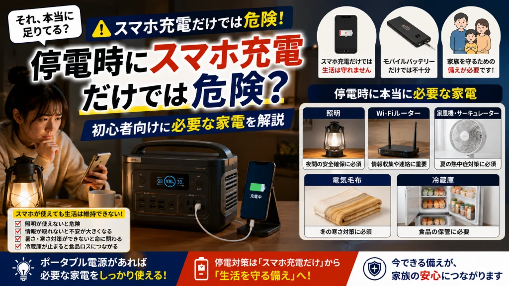 停電時にスマホ充電だけでは危険な理由と、本当に必要な家電を紹介するアイキャッチ画像。照明、Wi-Fiルーター、扇風機、電気毛布、冷蔵庫など停電時に重要な家電とポータブル電源の必要性をわかりやすく解説している。