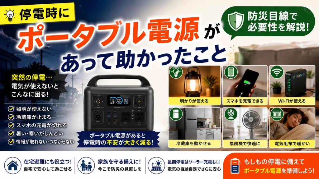 停電時にポータブル電源があって助かったことを紹介するアイキャッチ画像。スマホ充電、照明、Wi-Fi、冷蔵庫、扇風機、電気毛布など、停電時に役立つ使い方を防災目線でわかりやすく解説している。