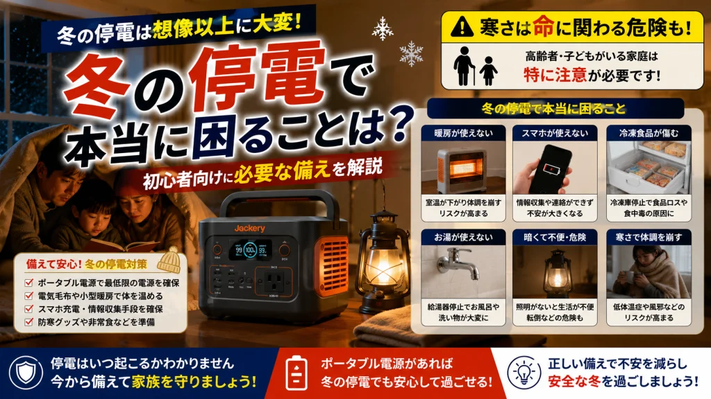 冬の停電で本当に困ることや必要な備えを解説するアイキャッチ画像。暖房停止による寒さ対策や電気毛布、スマホ充電、照明、冷凍庫管理など、冬の停電時に重要な防災対策をわかりやすく紹介している。