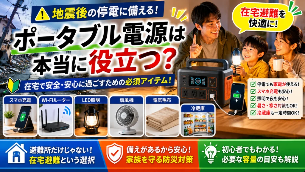 地震後の在宅避難でポータブル電源が役立つ様子を表現したアイキャッチ画像。停電中でもスマホ充電やWi-Fiルーター、LED照明、扇風機、電気毛布、冷蔵庫などを使用しながら、自宅で安全に過ごす防災対策を紹介している。