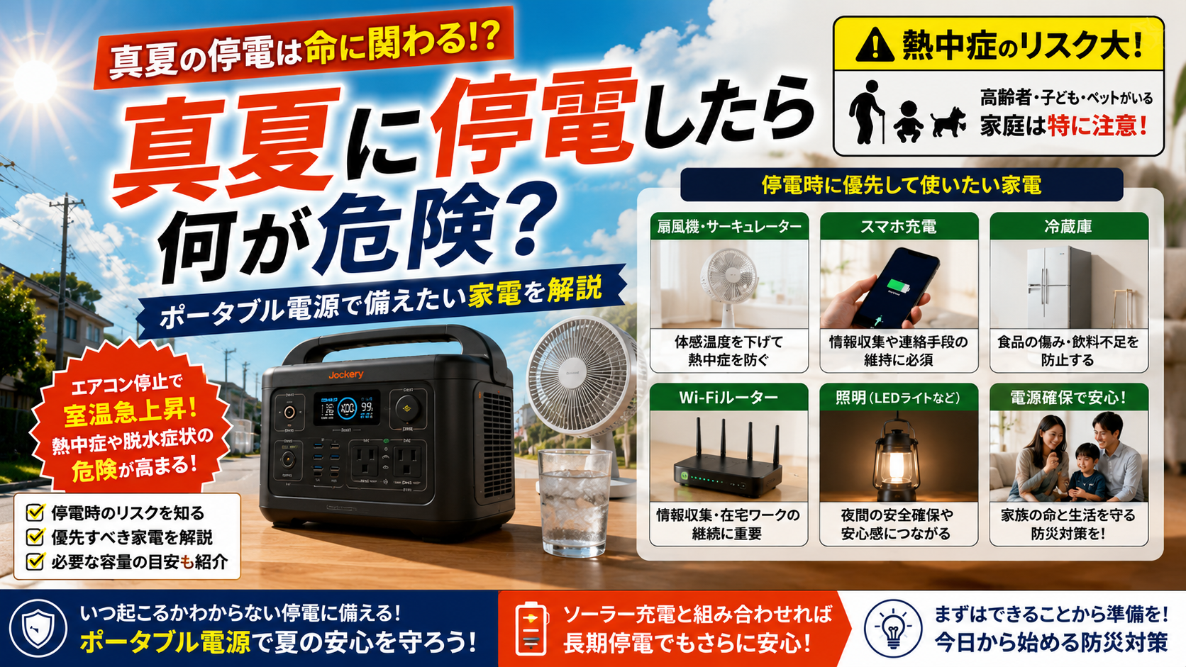 真夏の停電で熱中症リスクが高まる様子と、ポータブル電源で備えたい家電を紹介するアイキャッチ画像。扇風機、スマホ充電、冷蔵庫、Wi-Fiルーター、照明など停電時に重要な家電をわかりやすく解説している。