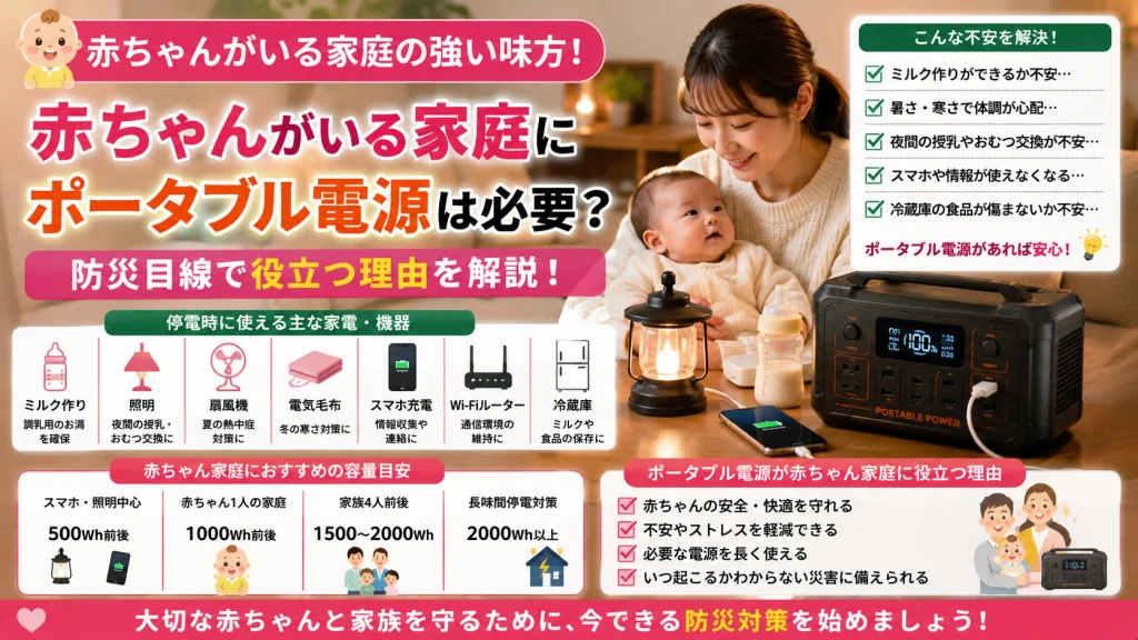 赤ちゃんがいる家庭でポータブル電源を活用する様子を表現したアイキャッチ画像。停電時でもミルク作りや照明、スマホ充電、Wi-Fiルーター、扇風機、電気毛布、冷蔵庫などを利用しながら家族が安心して過ごせる防災対策を紹介している。